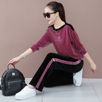 Foreign style golden velvet suit women 2021 Spring and Autumn new fashion wide leg pants European station leisure sportswear two-piece set
