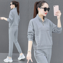 Casual sportswear suit womens spring and autumn 2021 New loose Korean fashion semi-zippered sweater two-piece set