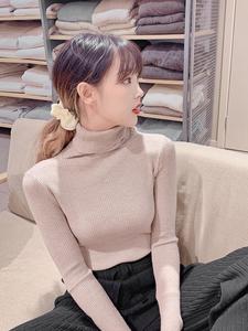 高圆领毛衣女套头长袖 2019冬简约百搭修身显瘦纯色针织打底衫女