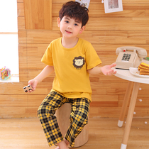 Childrens pajamas boys summer short sleeve pants home clothes spring and autumn thin boys pure cotton in large child half-sleeve suit