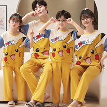 Pikachu Pajamas Family Three-mouth Mother and Father Spring and Autumn Cotton Short Sleeve Trousers Summer Thin Air Conditioning Clothes