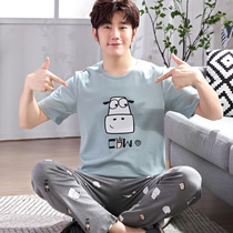 Mens pajamas summer short sleeve trousers cotton spring and autumn youth junior high school students thin cotton home suit suit