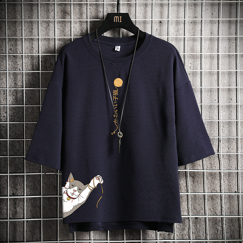 short sleeve summer japanese 3 / 4 sleeve t-shirt for men's loose fashion printed fat man half sleeve large 5 / 4 sleeve top