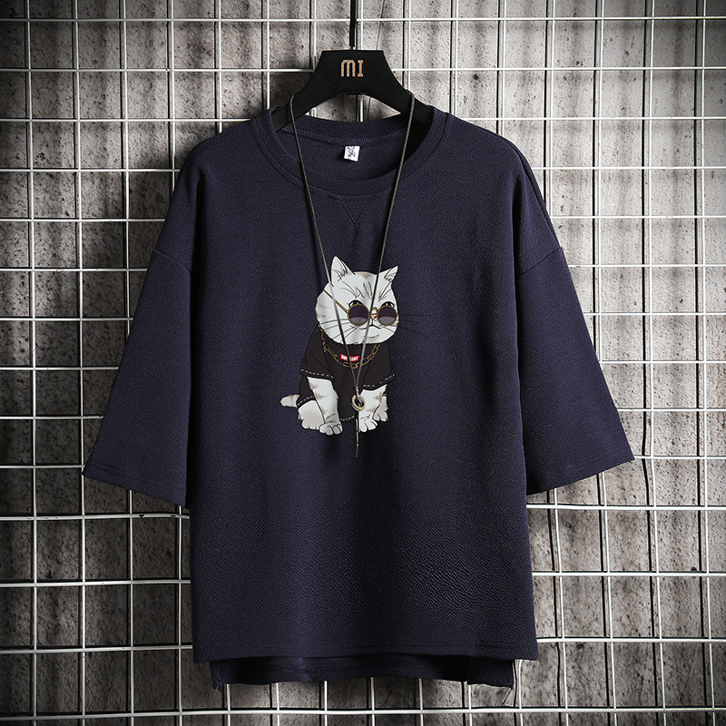 short sleeve summer japanese 3 / 4 sleeve t-shirt for men's loose fashion printed fat man half sleeve large 5 / 4 sleeve top