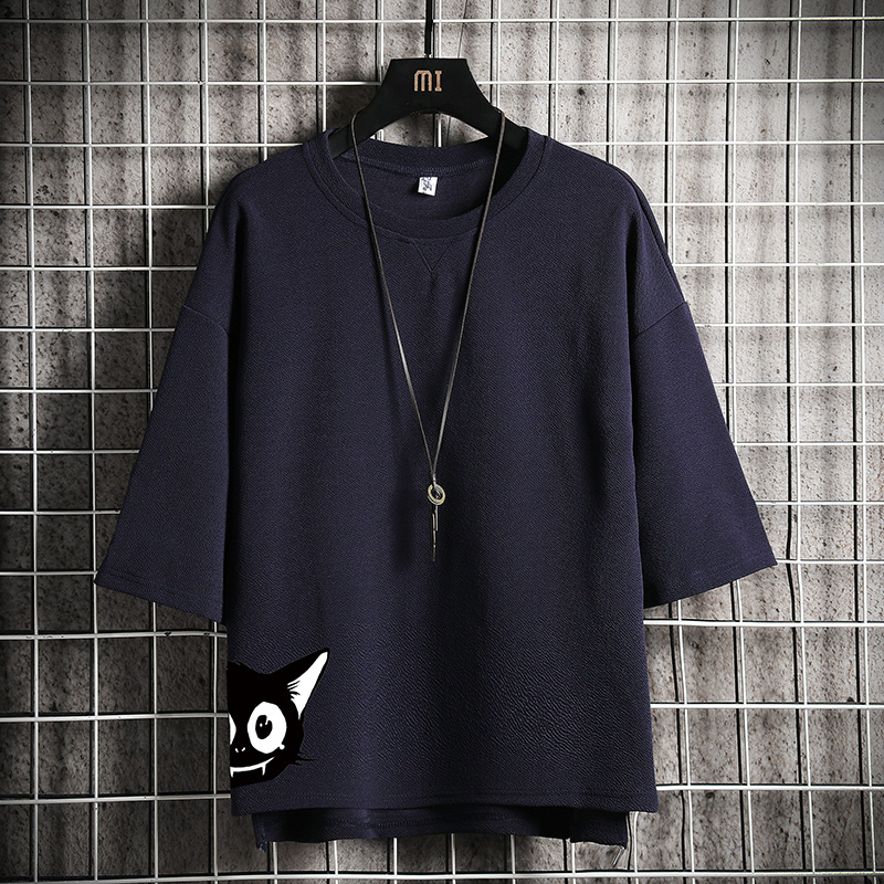 short sleeve summer japanese 3 / 4 sleeve t-shirt for men's loose fashion printed fat man half sleeve large 5 / 4 sleeve top