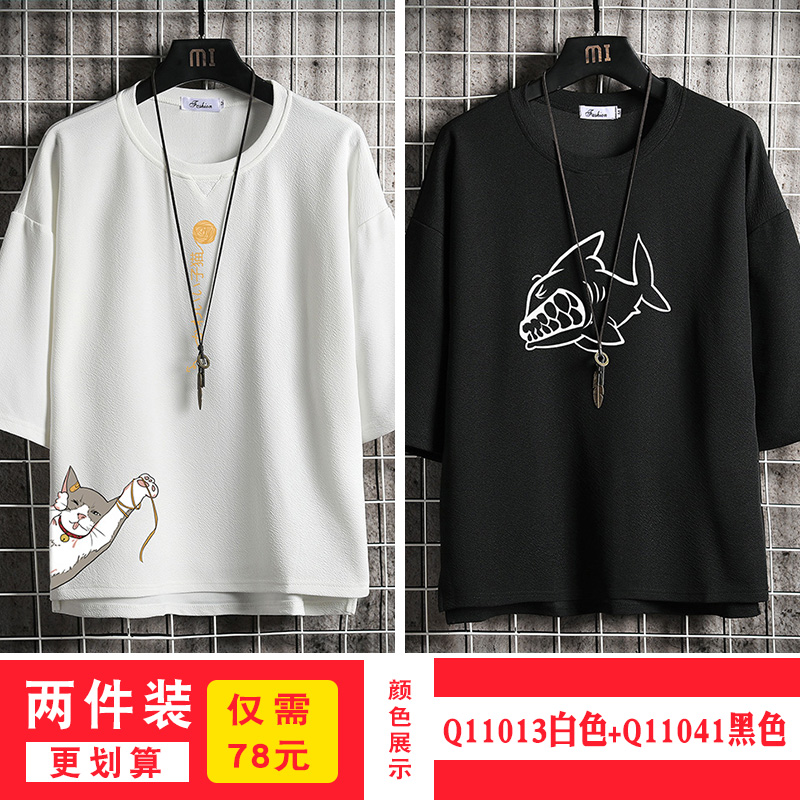 short sleeve summer japanese 3 / 4 sleeve t-shirt for men's loose fashion printed fat man half sleeve large 5 / 4 sleeve top