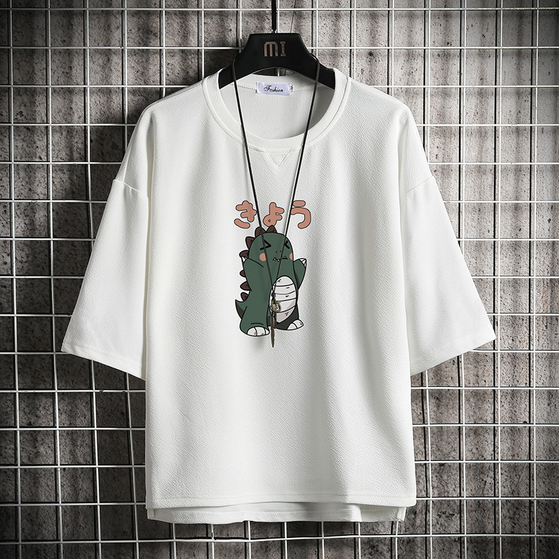 short sleeve summer japanese 3 / 4 sleeve t-shirt for men's loose fashion printed fat man half sleeve large 5 / 4 sleeve top