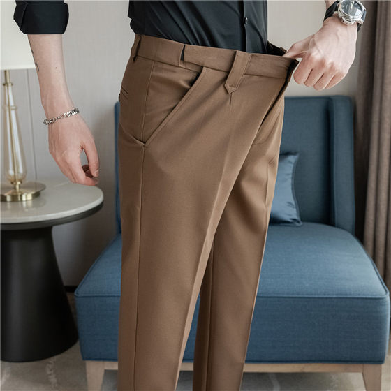 High-end casual trousers for men's small feet straight business trousers slim elastic waist spring and summer suit nine-point pants High-end casual trousers for men's small feet straight business trousers slim elastic waist spring and summer suit nine-point pants