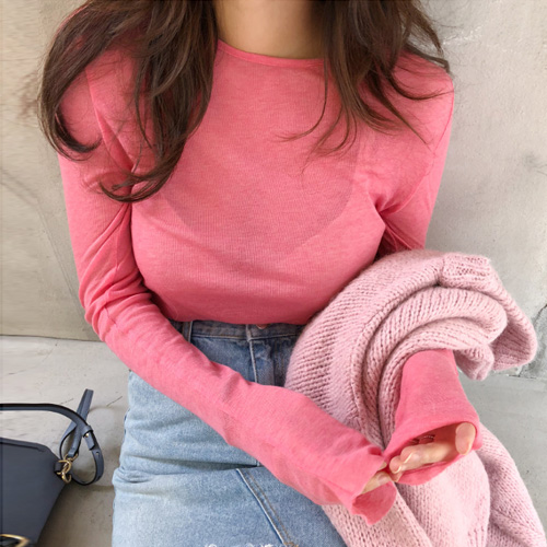 Day hair Korean color hao look retro peach pink pro fu micro-transparent long-sleeved T-shirt AS335 girl p