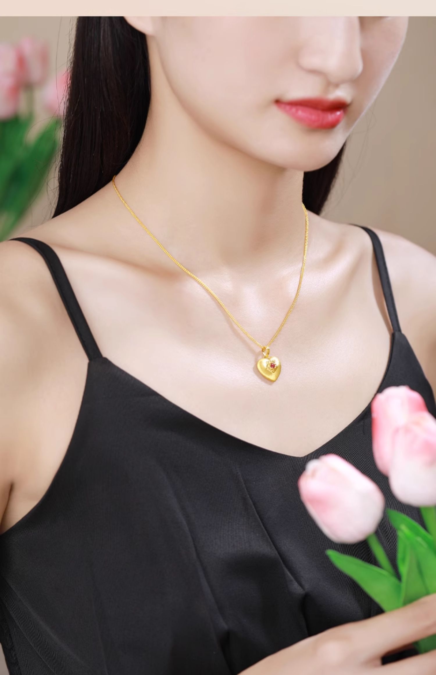loving黄金红宝石爱心吊坠女999足金5d硬金拉丝心形锁骨项链