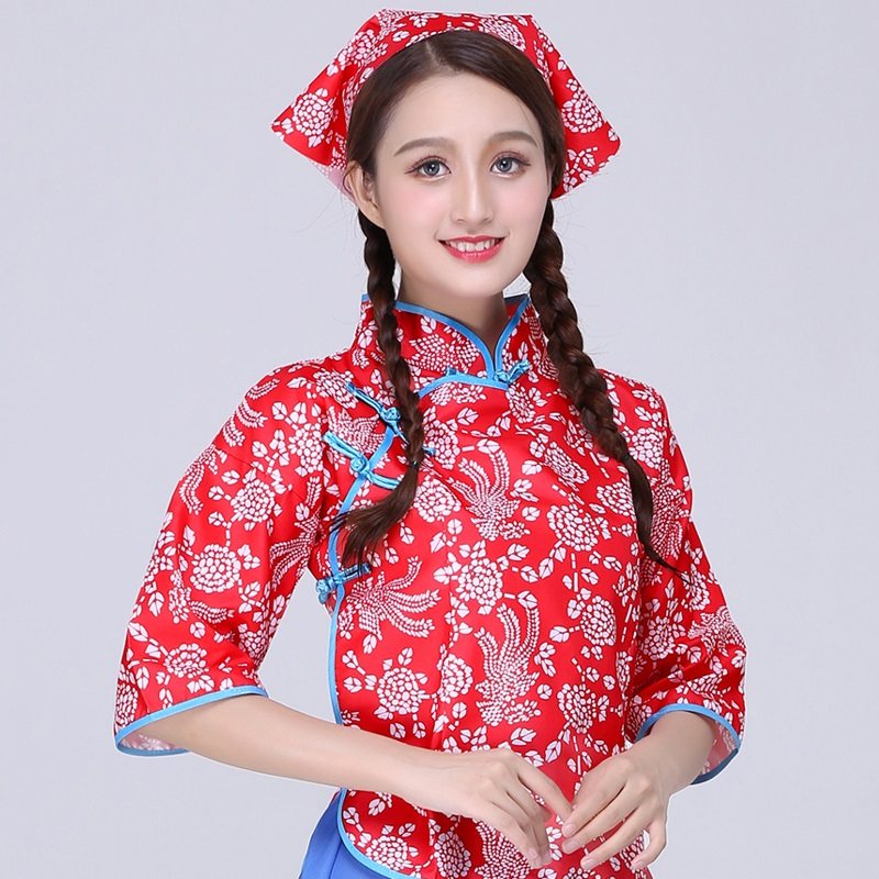 新款村姑碎花衣服女农村民国上衣围裙客家采茶舞阿庆嫂表演出服装