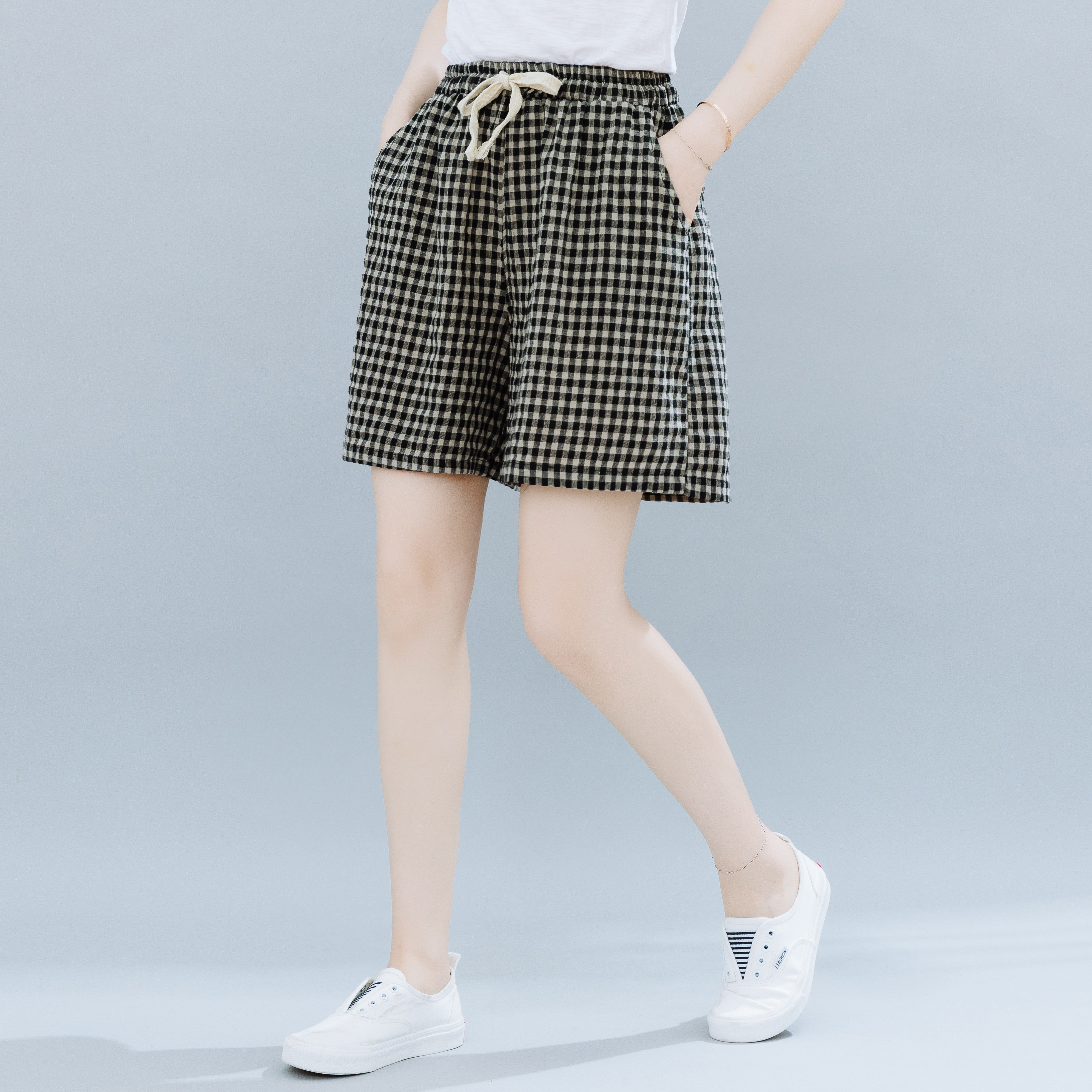 8107# 实拍~格子短裤棉麻休闲松紧腰亚麻宽松胖mm大码女夏热裤