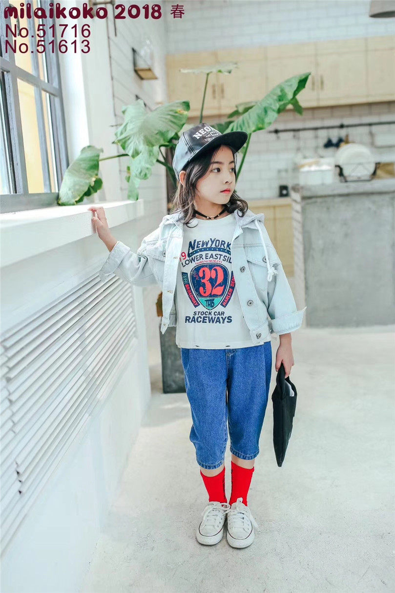 米莱童装2018春装新款男女童韩版百搭浅蓝色牛仔连帽外套51716_7折