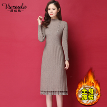 2022 Winter New Pop Dress Dress Woman Autumn Knit Matching Coat With Velvet Thicken Sweater Skirt Inside