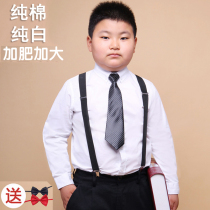 Childrens long sleeve white shirt boys increase fat version white shirt host fat treasure student cotton performer