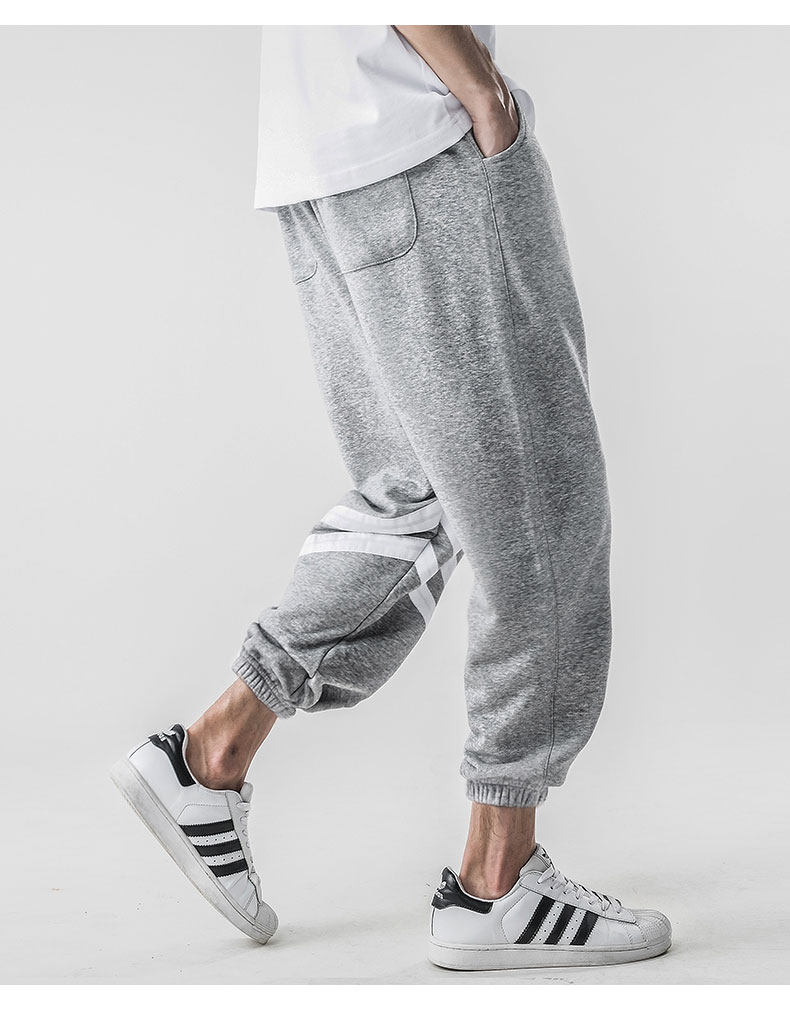 灰色运动裤男生宽松束脚对号休闲长裤收脚潮牌条纹收口卫裤针织棉