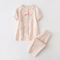 Summer girl full cotton double layer gauze pyjamas suit cute girl short sleeve long pants pure cotton Korean version home clothes