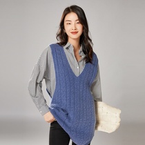 Machia womens 100% pure wool mid-length V collar shoulder loose display slim vest cashmere knitwear 100 lap sweaters