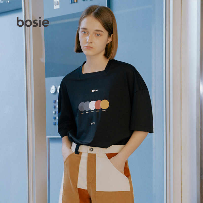 bosie 夏季新款打底衫上衣男情侣潮牌个性梯形领印花休闲t恤3149