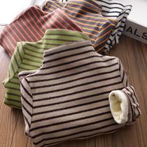 Girls plus velvet stripes base shirt autumn and winter childrens clothes baby T-shirt thick middle high neck warm foreign childrens coat