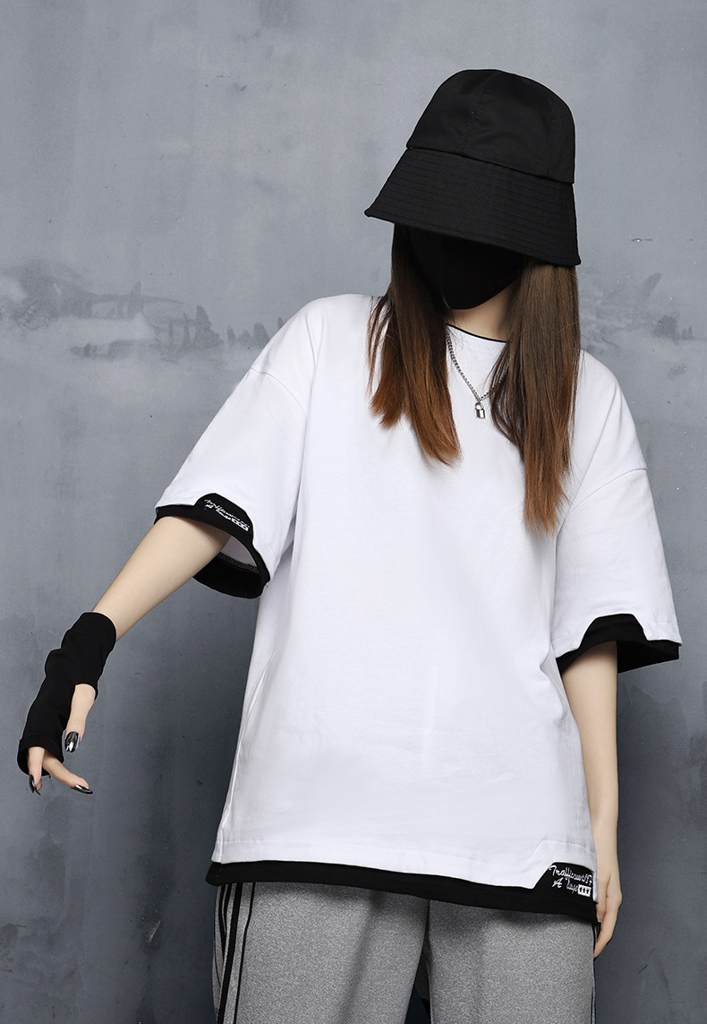 艳如飞多福猫原创潮牌酷酷风格女装帅气嘻哈显瘦黑白t恤短袖女中性