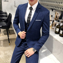 Suit suit Male groom wedding dress Mens three-piece suit slim Korean striped youth British style small suit