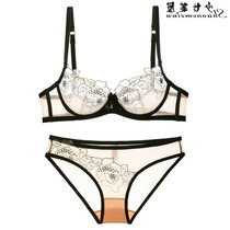 Mrs. Manifen French underwear underwear set womens bra lace mesh embroidery sexy transparent ultra-thin