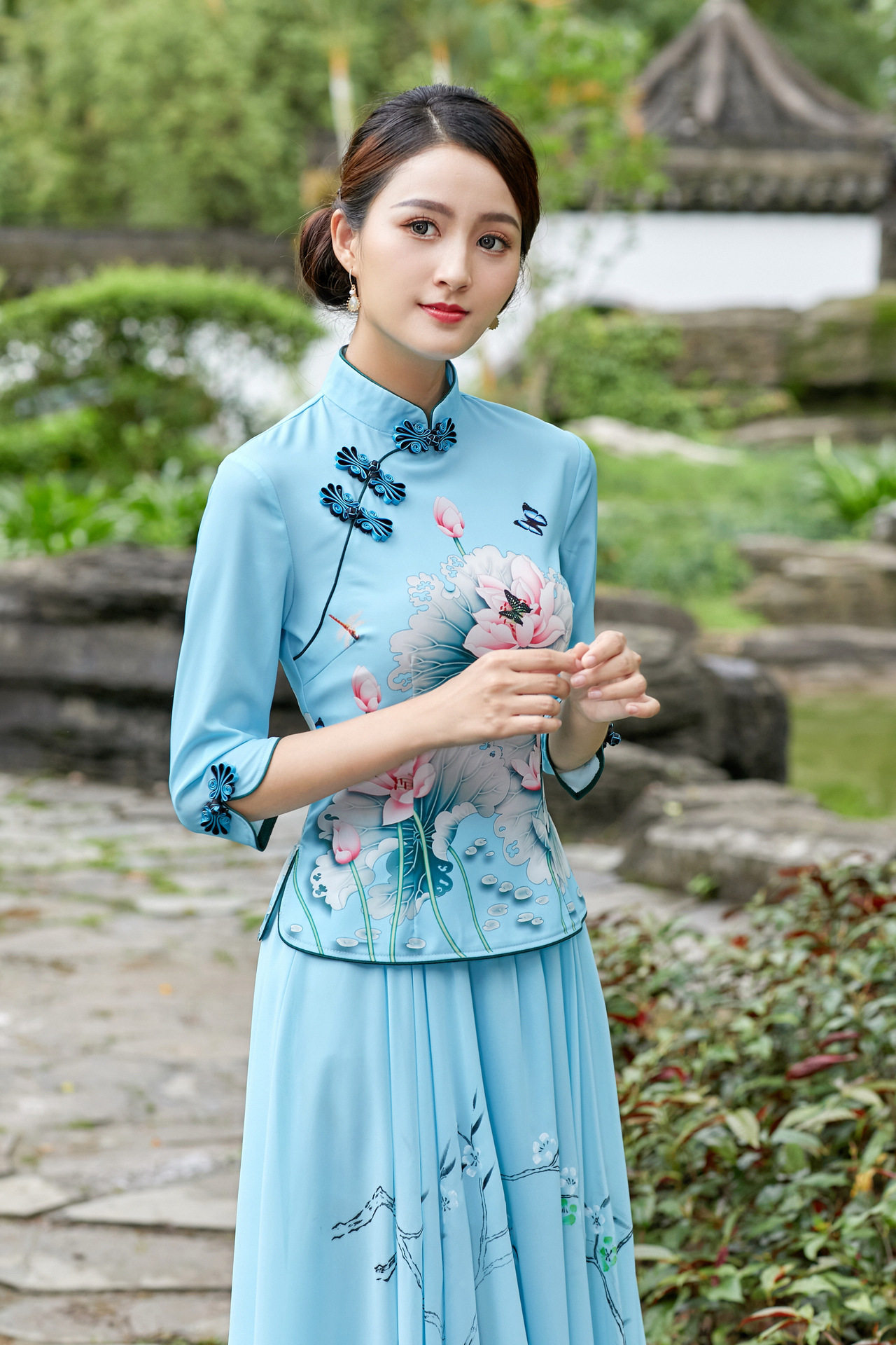 春夏旗袍改良版上衣印花两件套中国民族风文艺复古唐装中式汉茶服