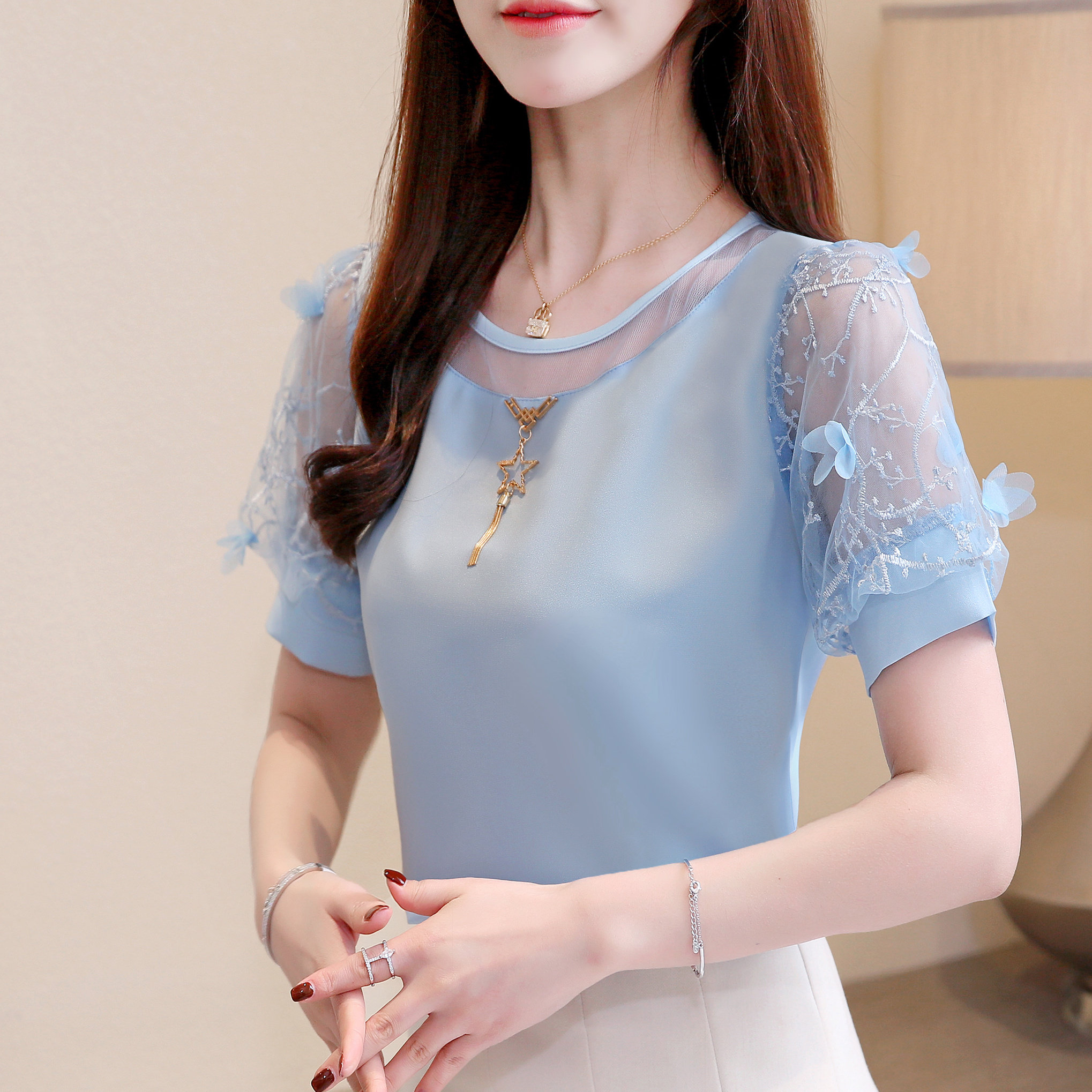 实拍#有小视频 2020夏季新款雪纺衫短袖女夏韩版百搭t恤甜美上衣