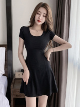 Hepburn style U collar sexy dress waist slim temperament small man tight high waist A- line dress skirt summer