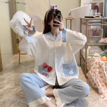 Sleepwear womens spring autumn long sleeves pure cotton 2021 new cute cardiovert full cotton home Two sets of extractable wearing thin