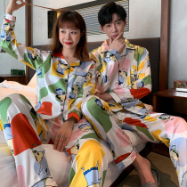 Couples Pyjamas Womens Spring Autumn Season Thin Ice Silk Summer Long Sleeve Home Clothes Emulation Silk Teenagers Men Suits