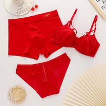 Couples underwear three-piece set big red cotton bride and groom married a pair of mens and womens underwear set with bra
