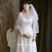 French net gauze long sleeve satin light wedding dress toast banquet temperament thin white evening dress forest line go out yarn