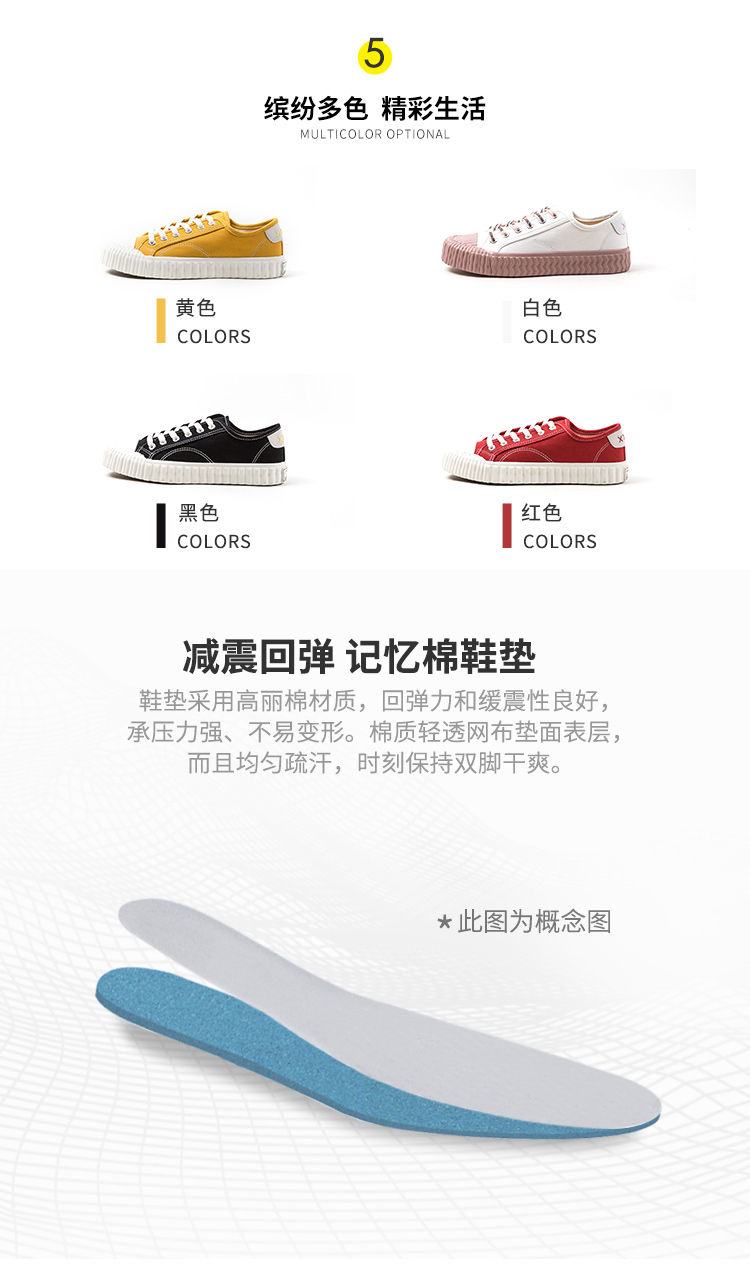 5缤纷多色精彩生活MULTICOLOR OPTIONAL黄色白色COLORSCOLORS黑色红色COLORSCOLORS减震回弹记忆棉鞋垫鞋垫采用高丽棉材质,回弹力和缓震性良好,承压力强、不易变形。棉质轻透网布垫面表层而且均匀疏汗,时刻保持双脚干爽。★此图为概念图-推好价 | 品质生活 精选好价