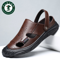 Woodpecker New Genuine Leather Sandals Mens Head Layer Cow Leather Baotou Abrasion Resistant Hollowed-out Hollowed-out Beach Shoes Summer Outwear