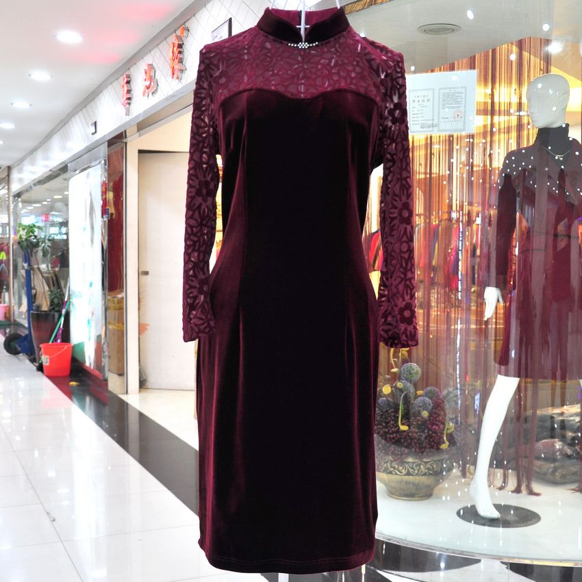 秀巧8233 2017春装正品金丝绒镶钻高贵气质礼服修身连衣裙旗袍_不打折