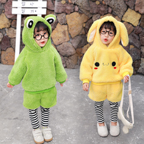 Foreign lamb baby suit autumn and winter clothes two-piece set plus velvet thickened boys and girls