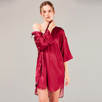 Shirt pajamas womens summer mid-length boyfriend style red sexy short-sleeved night dress ice silk thin section can be worn outside home clothes