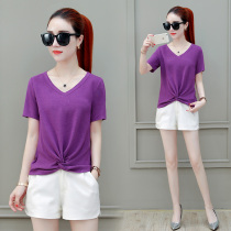 Potato purple short-sleeved T-shirt 2020 new summer European station lady purple thin short dress V collar tide