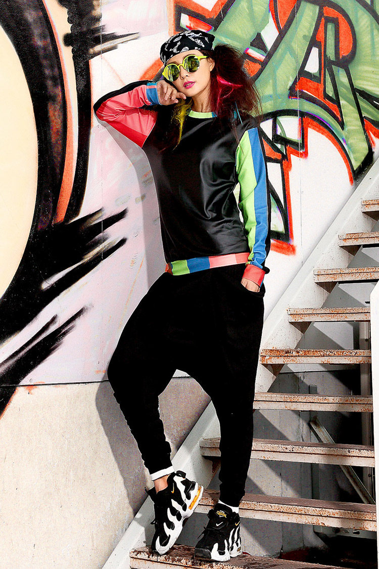 春秋潮款长袖t恤欧美pu皮弹力卫衣彩虹条纹说唱打底衫hiphop icon