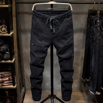 Mens pants winter casual pants mens black plus velvet thickened Korean trend elastic waist slim feet Haren pants