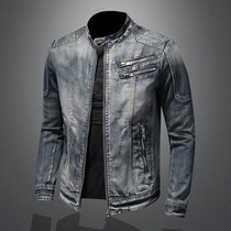 European and American locomotive stand collar denim jacket mens trend slim handsome zipper jacket riding large size denim jacket