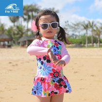 Fu Shing Childrens Swimsuit Female Girls Children Autumn and Winter Hot Spring Swimsuit One-piece Long Sleeve Floral Dress Swimsuit