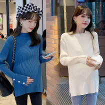 Pregnant women solid color autumn and winter pregnant women sweater loose half high collar knitted warm base shirt thick Joker top