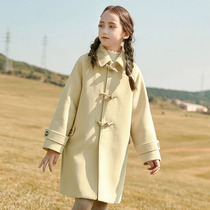 Girls woolen coat horn button woolen coat 2021 new autumn and winter clothes in the big children Korean version of medium long foreign style
