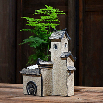 Creative fleshy new Chinese Zen bamboo flower pot Huipai architecture house ornaments Chinese style micro landscape pot