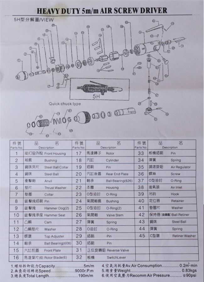 Công cụ khí nén tuốc nơ vít bằng khí nén 5h được nhập khẩu từ Nhật Bản đã được phê duyệt bằng khí nén - Công cụ điện khí nén