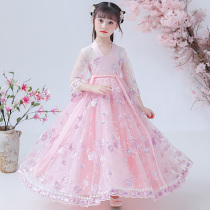 Girls Hanfu womens summer thin Chinese style Tang dress skirt Super fairy ancient style Children cherry blossom kimono princess dress summer