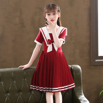 Summer girls dress new navy collar childrens dress Summer childrens college style net red burst princess dress